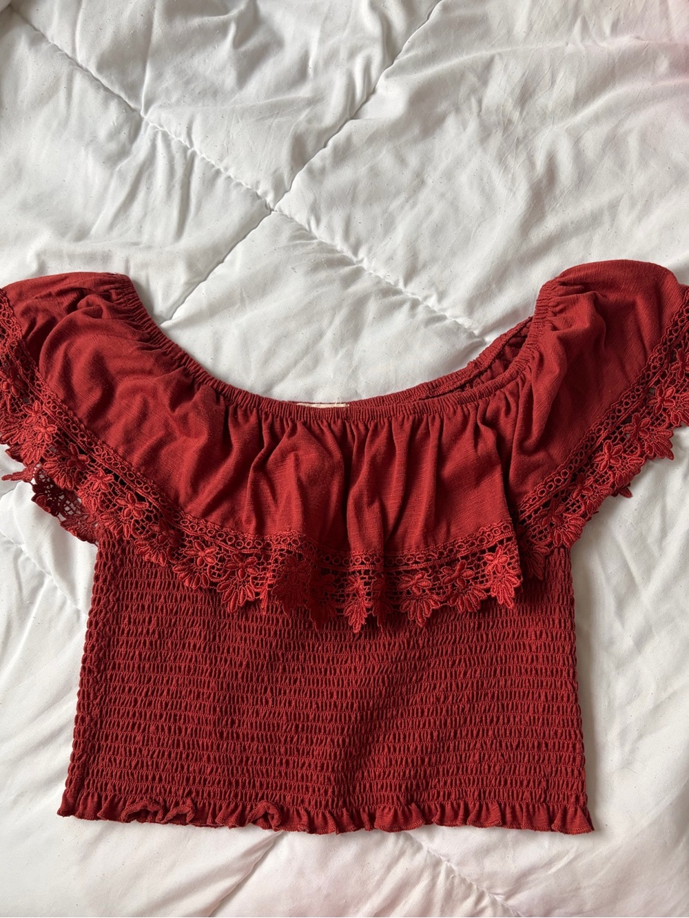 Off-Shoulder Red Crochet-Trim Smocked Crop Top - Women's